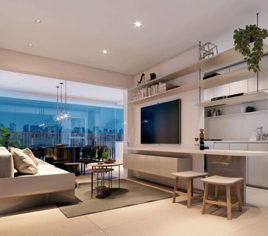 Perspectiva artística de uma unidade com living ampliado