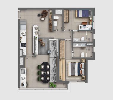 Perspectiva artística da planta unidade tipo 85m²