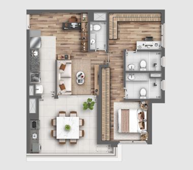 Perspectiva artística da planta unidade personal 85m²