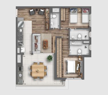 Perspectiva artística da planta unidade personal 85m²