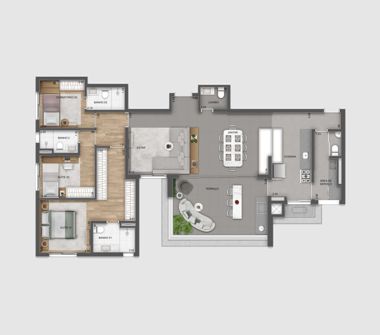 Perspectiva artística da planta de 141m² cozinha americana e sala _ampliada