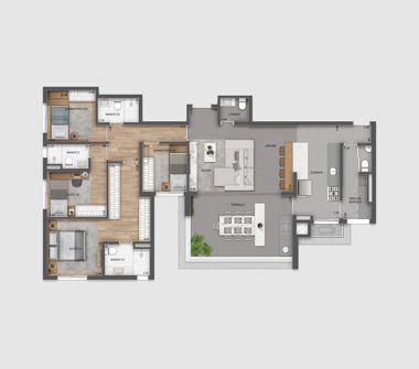 Perspectiva artística da planta de 141m² cozinha americana