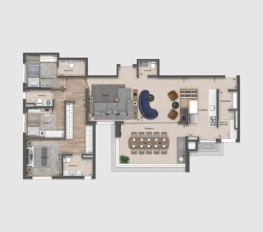 Perspectiva artística da planta de 141m² com despensa
