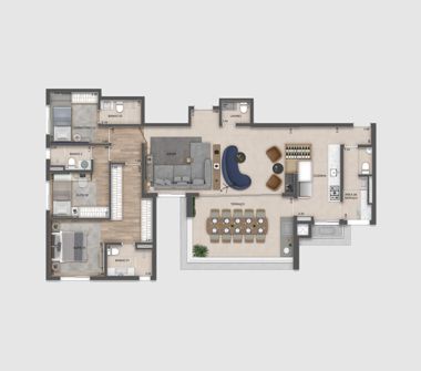Perspectiva artística da planta de 141m² com wc