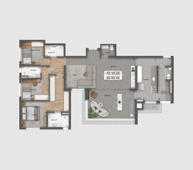 Perspectiva artística da planta de 141m² com sala ampliada