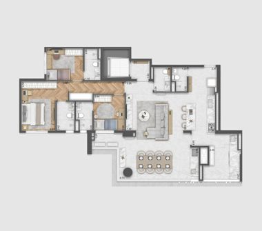 Perspectiva ilustrada da planta 144m² 3 suítes