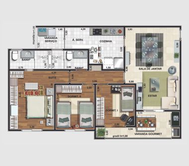 Perspectiva da planta tipo 96m²