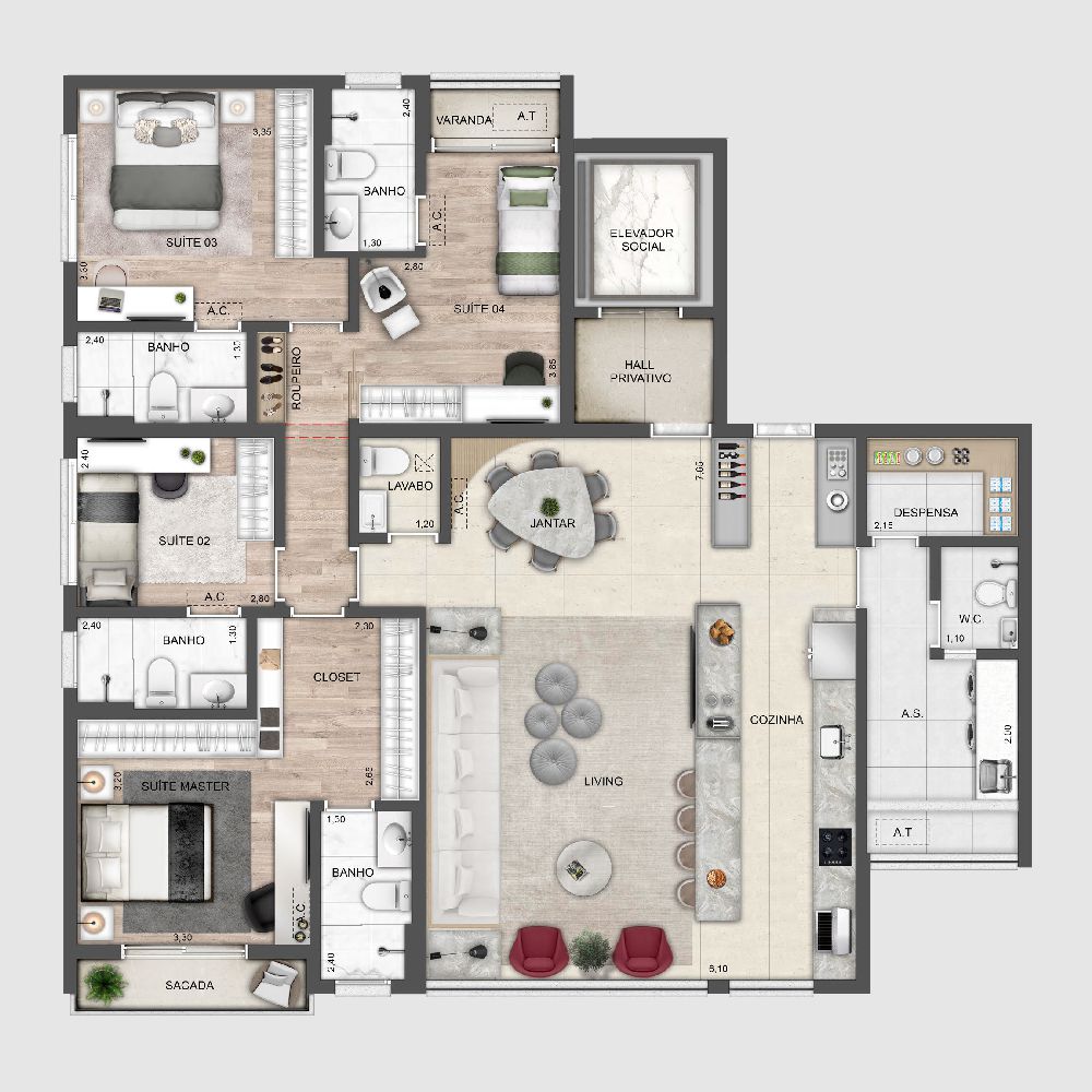 Perspectiva artística da planta 142m² living e cozinha integrados