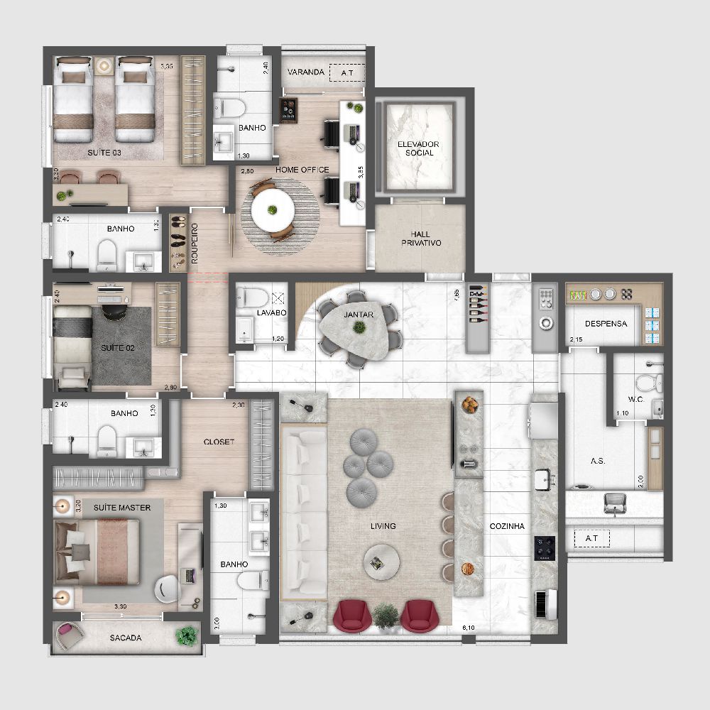 Perspectiva artística da planta 142m² 3 suítes mais home office com entrada independente living e cozinha integrados