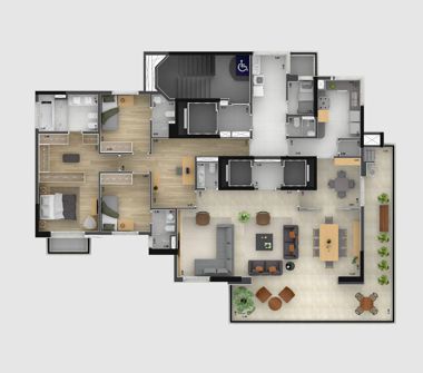 Perspectiva artística da planta 3 suítes e living ampliado